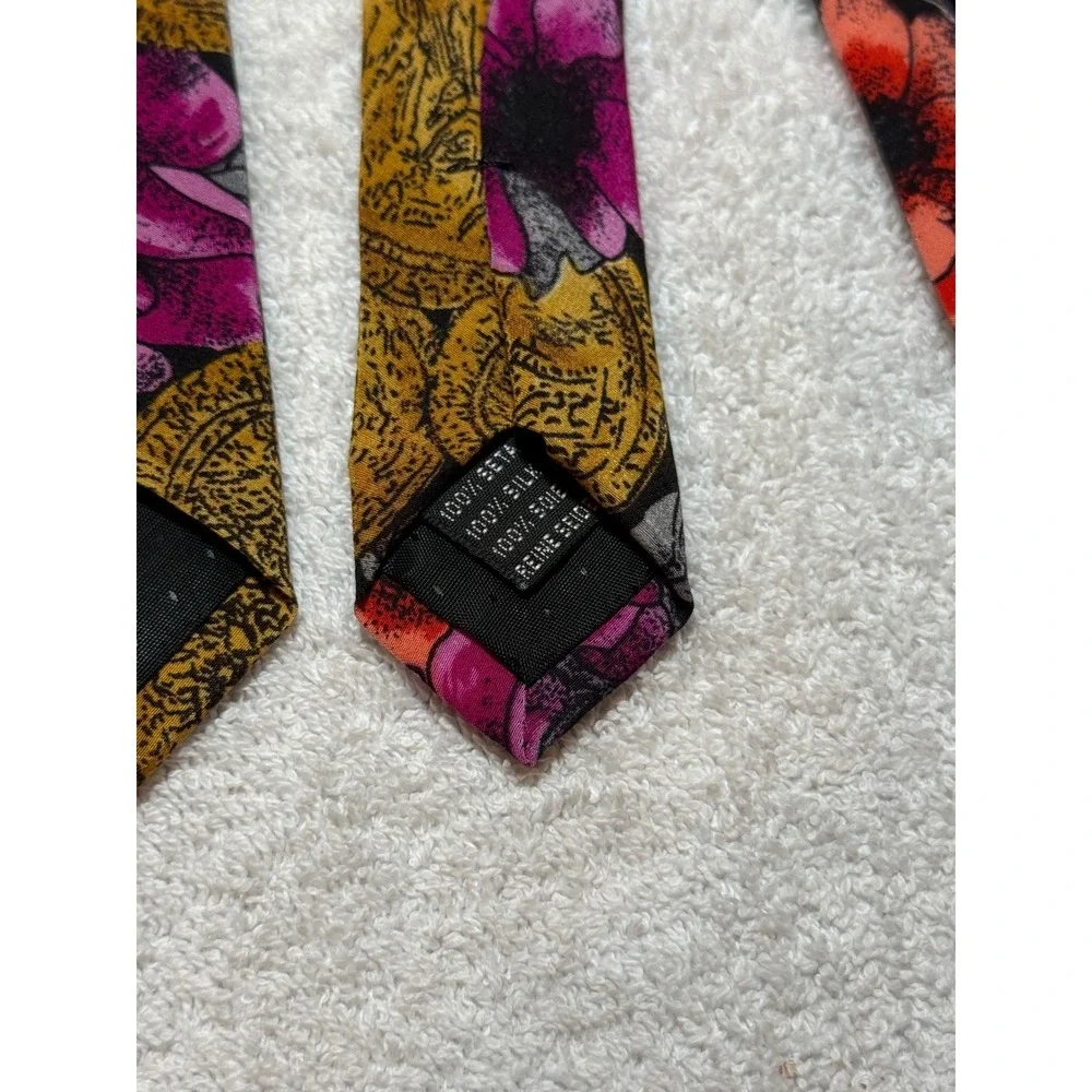 Enrico Nitti Mens Silk Tie Italy Gold Coins Floral Red Magenta Black Necktie